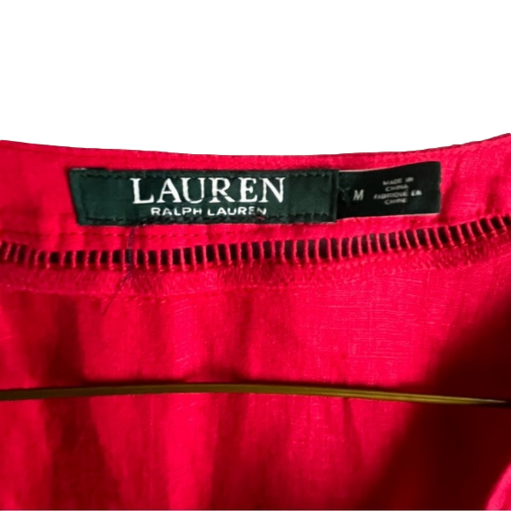 Lauren Ralph Lauren Linen Red V-Neck Peasant Top Embroidered Trim Sleeves Size M - Picture 7 of 8